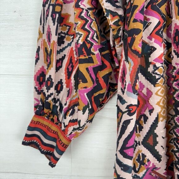 Zara Long Sleeve Mini Dress L Red Pink Geometric Tribal Print Button Front Boho - Picture 6 of 16